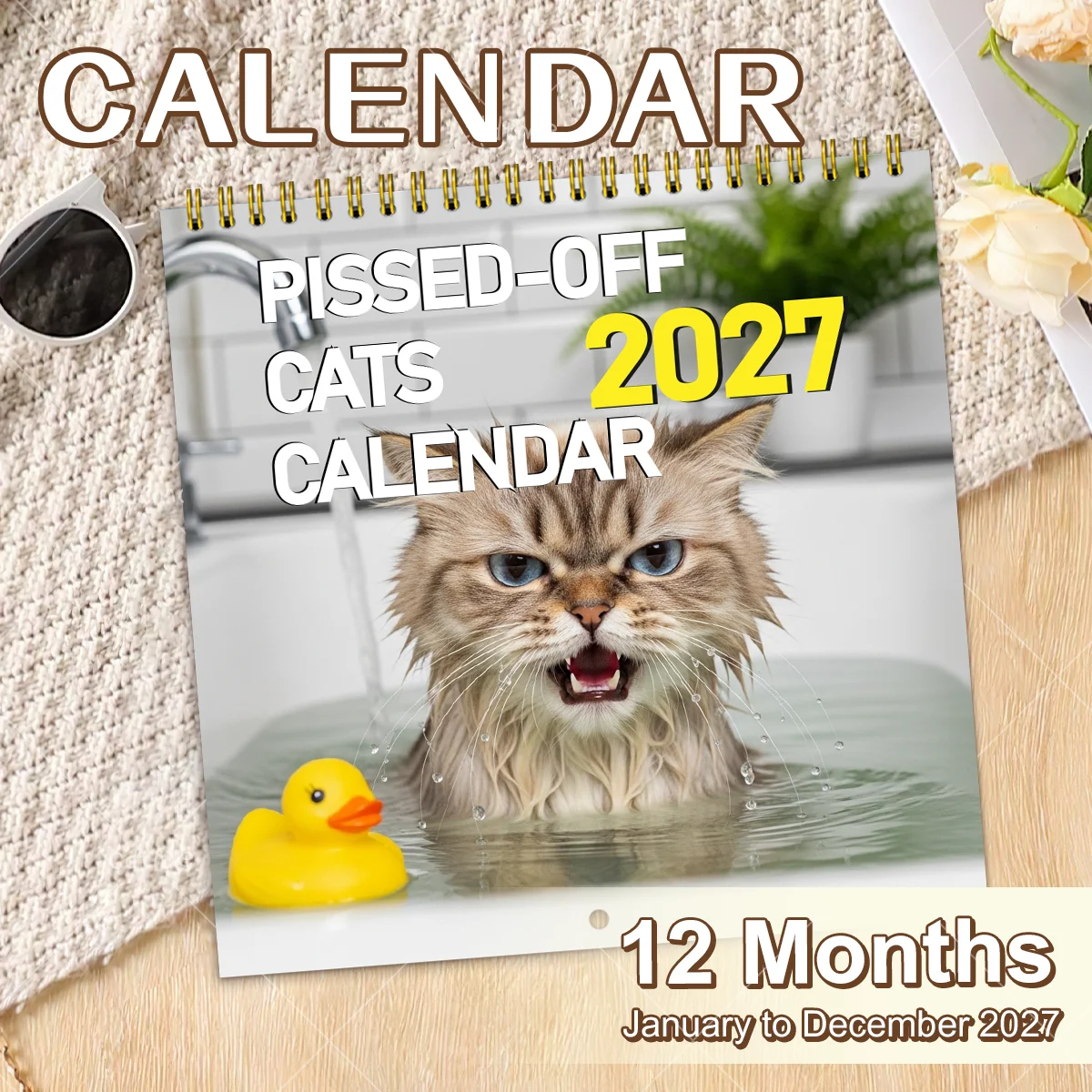 Calendrier mural Peed-Off Cat 2027 – Meme chat drôle – Format suspendu mensuel – Décoration maison et bureau – Cadeau de Nouvel An – Planificateur familial 12 mois