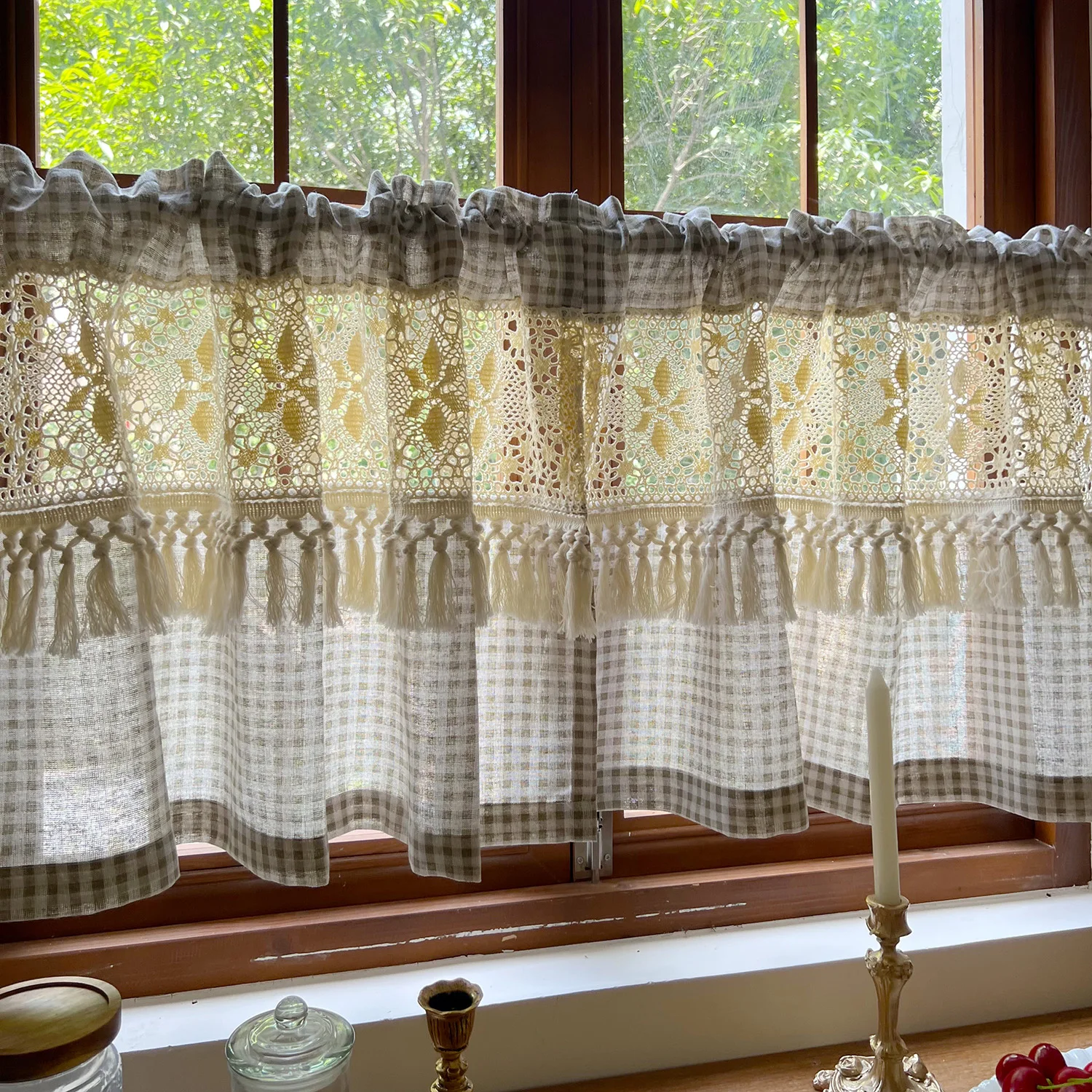 1PC Retro Crochet Stitching Lattice Hollow Short Curtain for Kithen Small Window Drape With Tassels Cafe Home Decoration