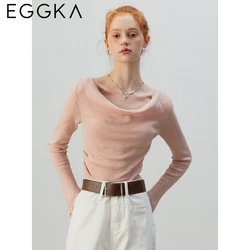 Eggka jesienne bluzki z dzianiny z głębokim dekoltem dla kobiet solidna chusta Design wąskie topy z długim rękawem koreańska moda dzianinowe t-shirty bielizna