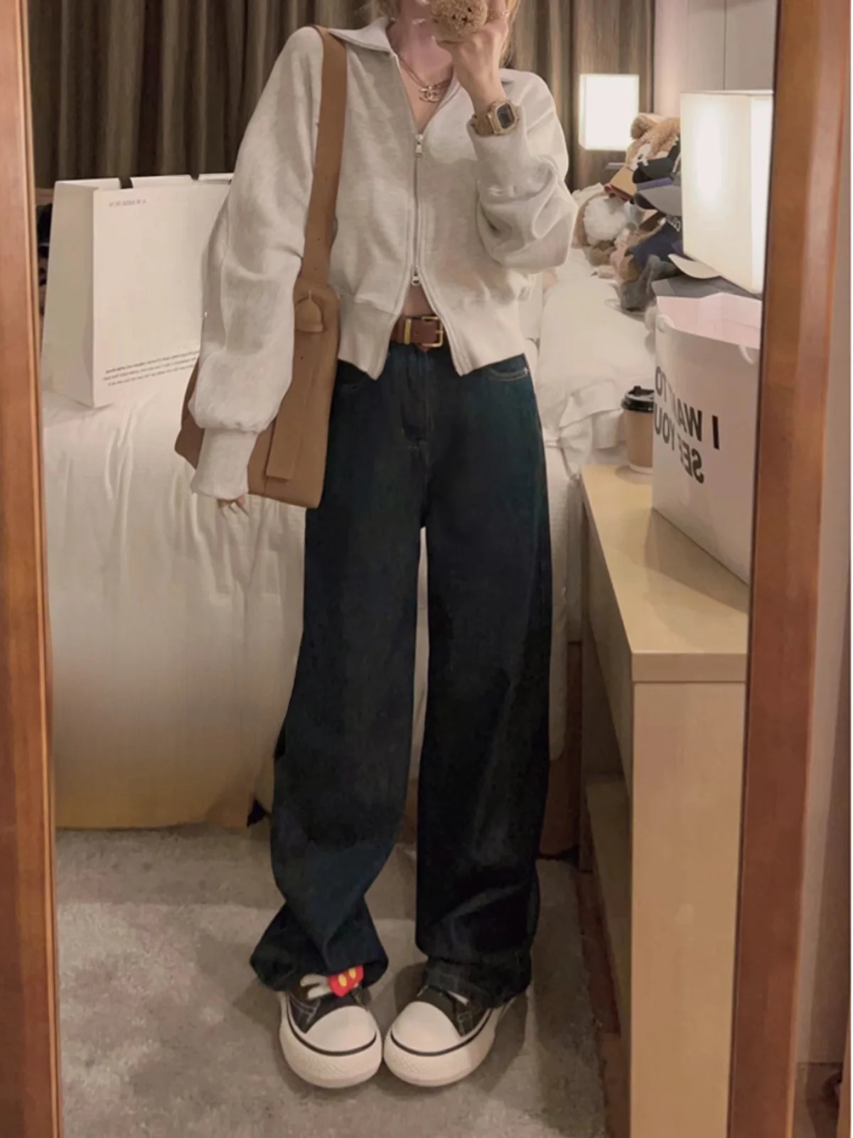 

Yukiss Синие джинсы с высокой талией и широкими штанинами, женские свободные осенние корейские джинсовые брюки в стиле ретро, женские модные осенние сезонные