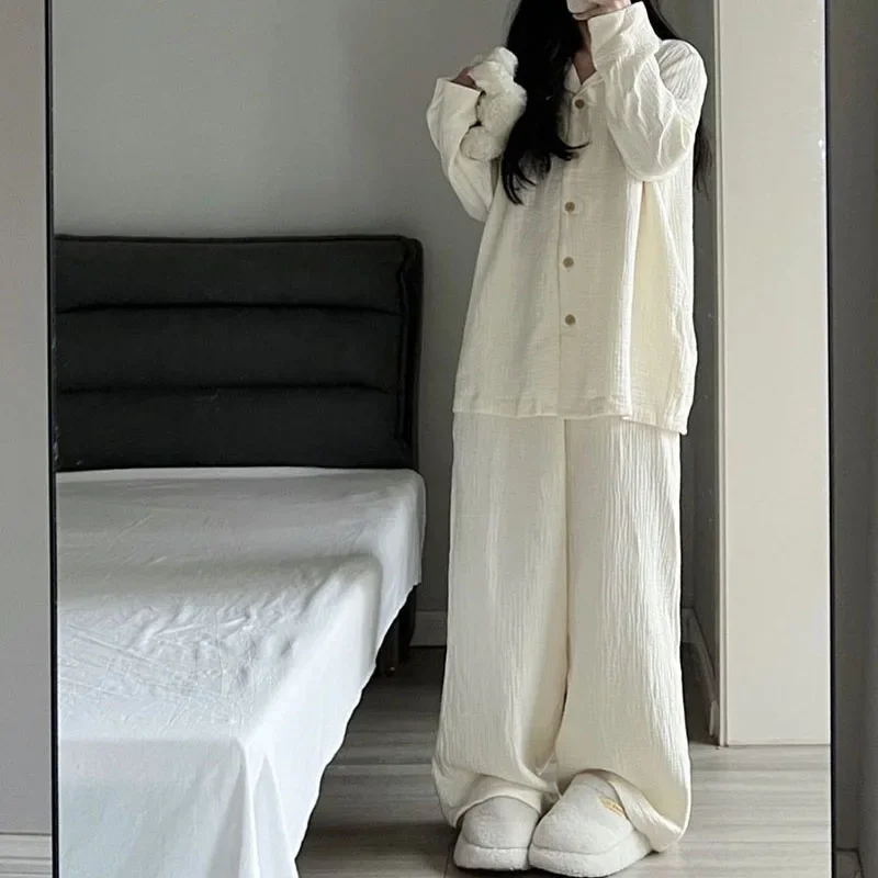 Korean Sleepwear Women Pajama Sets Solid Color Piiama Ruffles Pants Sets for Women 2 Pieces Autumn Night Wears Button Home Suit