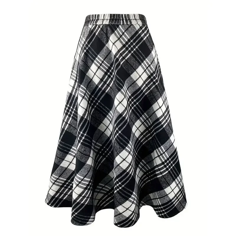 Black and White Plaid Long Umbrella Skirt with Large Pockets Commuter Skirt