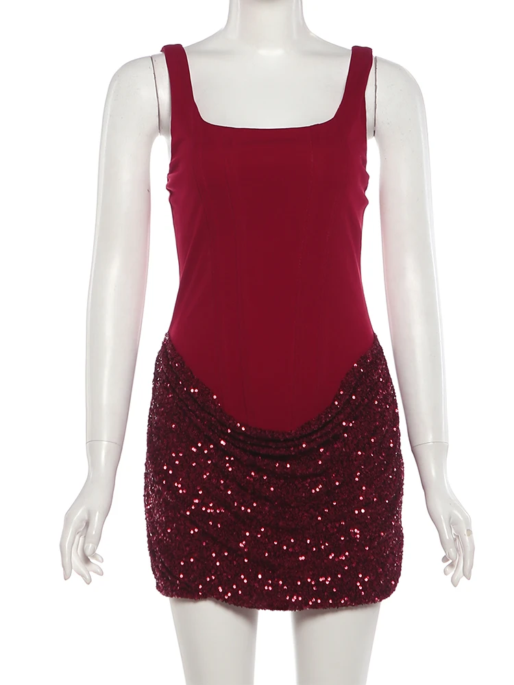 Sisterlinda Patchwork robe à paillettes femmes sauvage saint valentin col carré froncé sans manches Stretch élégant fête Club moulante