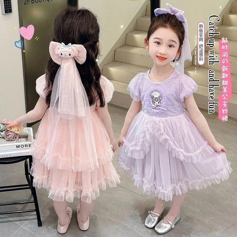 Kawaii Sanrioed Skirt Anime Mymelody Kuromi Girls Summer Short Sleeve Dress Sweet Princess Dress Fashion Veil Skirt Kids Clothes