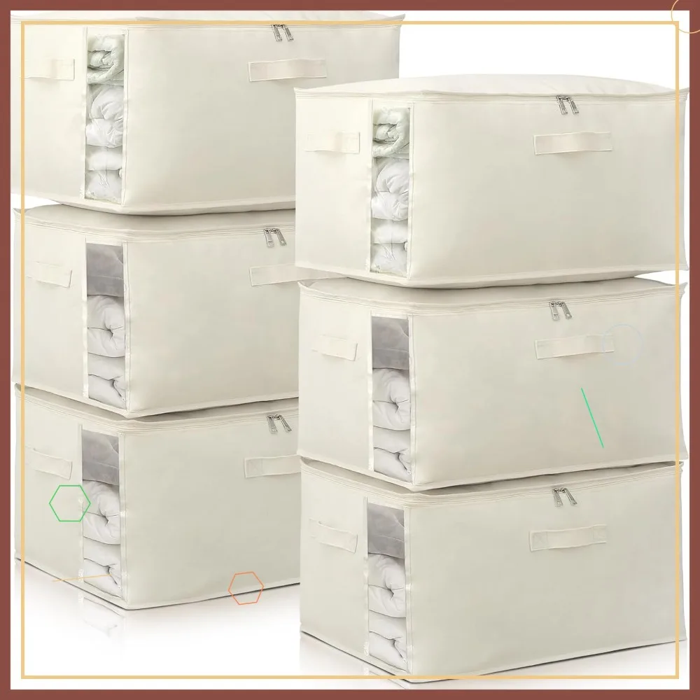 

Прочные холщовые сумки для хранения с прозрачным окном, 75 л, на молнии, складные, для организации хранения одеял и одежды, набор из 6 штук