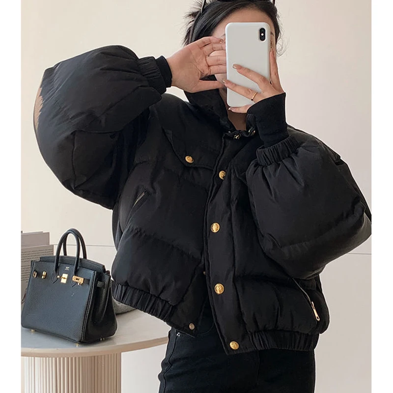 Gidyq Women Korean Parkas Winter Casual Streetwear Female Loose Cropped Puffer Coats Fashion Designed Button Puffy Jacket New