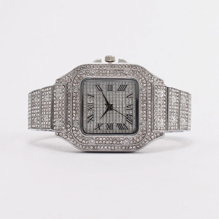 Business Men's Watch Men's Quartz Wristwatches Classic Fashion Clock Alloy Strap Full Diamond Art Roman Digital New Men's Watch