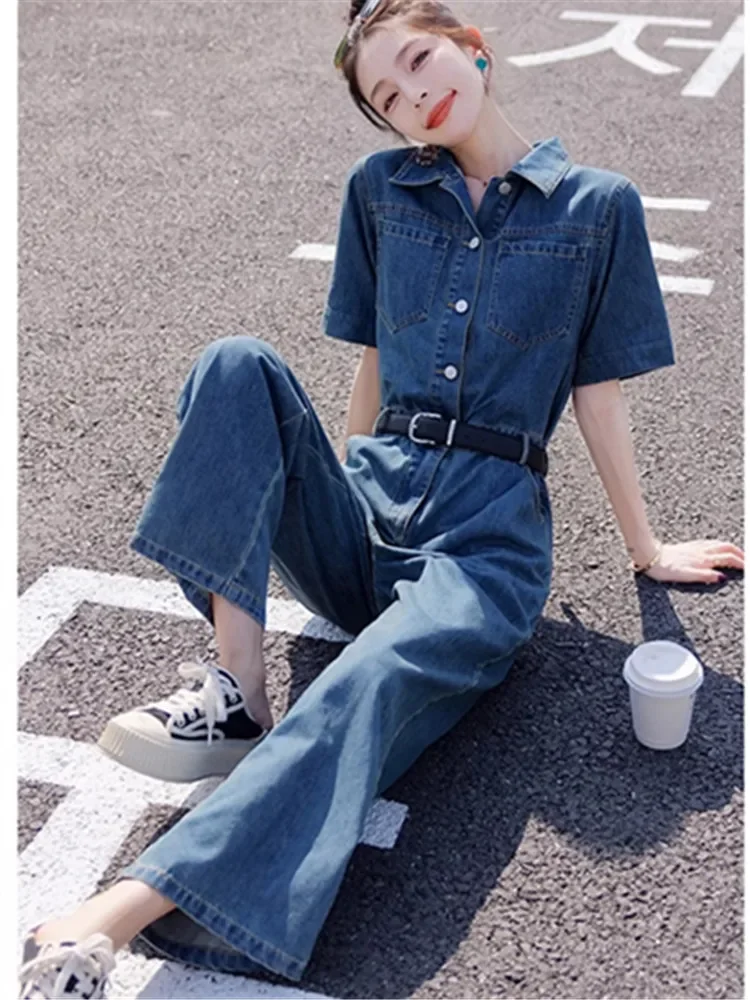 Short Sleeve Straight Denim Jumpsuit Women Clothes Streetwear Trendy Hip Hop Slim One Piece Jeans Pants Overalls Trousers Romper