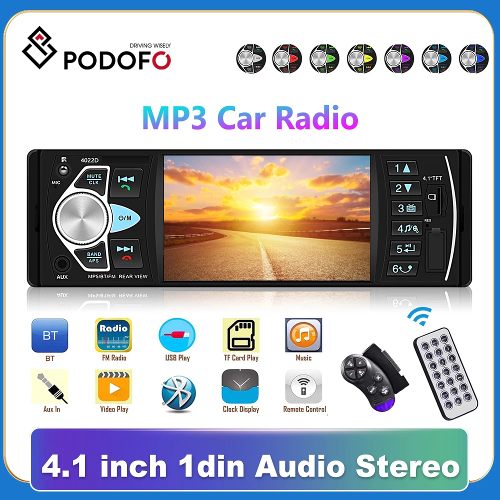 

Автомагнитола Podofo, 1 din, MP3, сенсорный экран 4,1 дюйма HD, плеер с Bluetooth, FM-радио, приемник, поддержка TF/USB, камера заднего вида