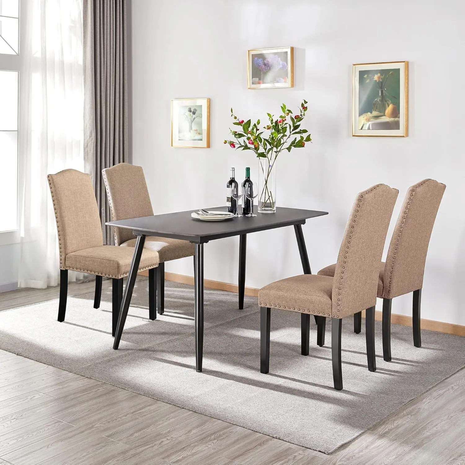 Dining Chairs Set of 6 Upholstered Parsons Chairs, Fabric Dining Room Kitchen Side Chair with Rubber Wood Legs and Nailhead Trim