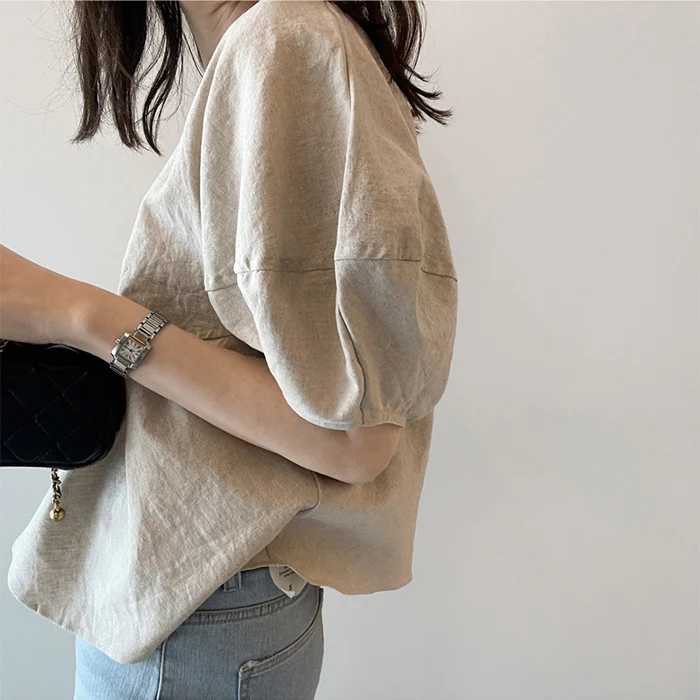 Coréen Sle coton lin ort Sve bulle Sve T-shirt femmes paresseux Sle irt été 2025 nouveauté décontracté trajet