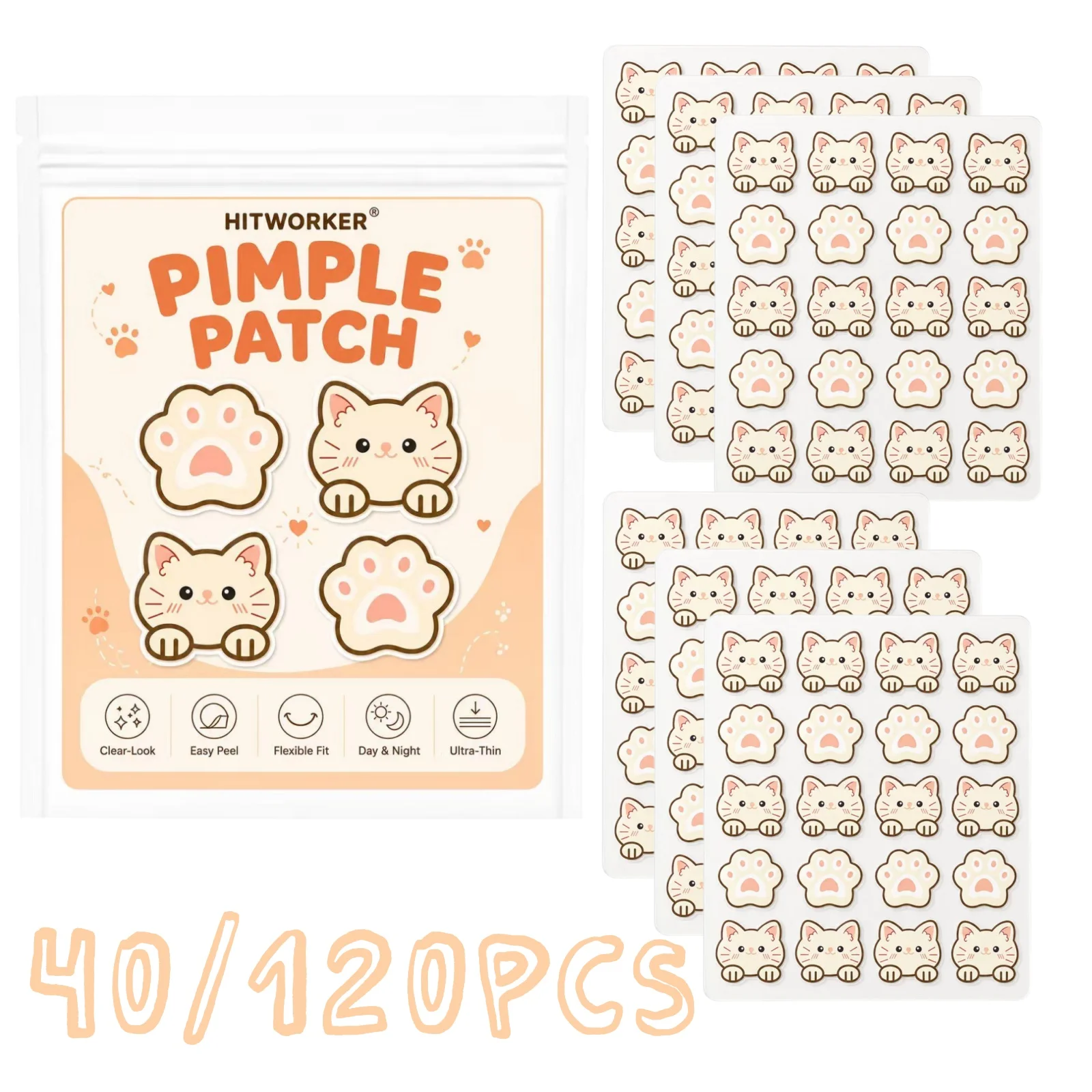 40/120 Pcs Cute Cat Pimple Patch, Clear-Look Face Stickers, Easy Peel, Flexible Fit, Day & Night Use