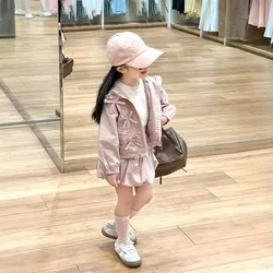 Girls Suits 2024 Autumn New Childrens Clothes Sweet and Cute Pink Bow Hooded Zipper Cardigan Flower Skirt Two-piece Set Casual