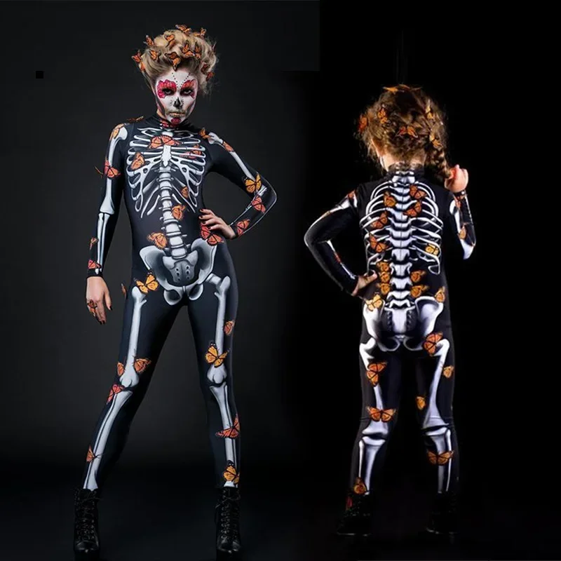 Cosplay Carnival Costume Adult Women Skeleton Bodysuit Halloween Devil Ghost Specter Jumpsuit Performance Scary Dress Up Party