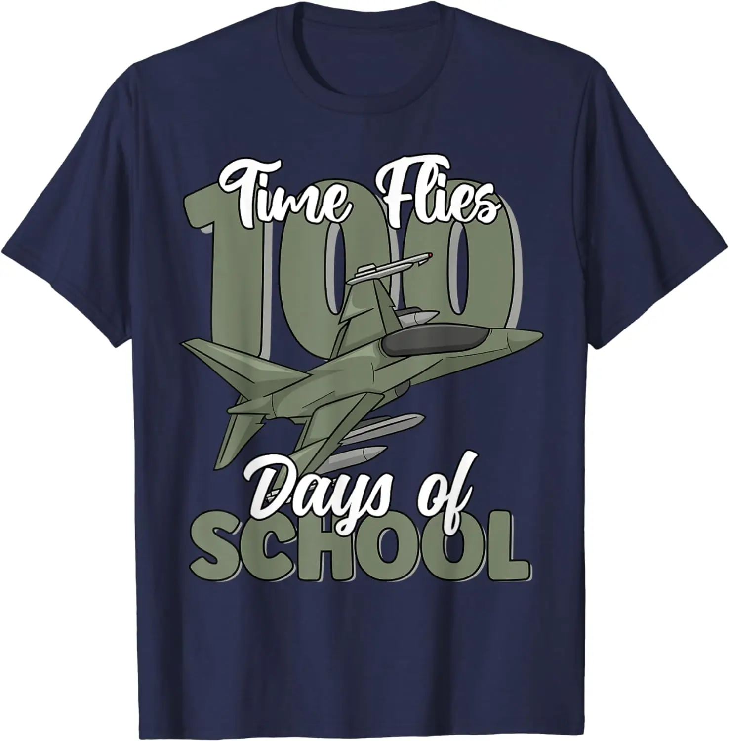 Time Flies 100th Day of School Funny Military Fighter Jet T-Shirt