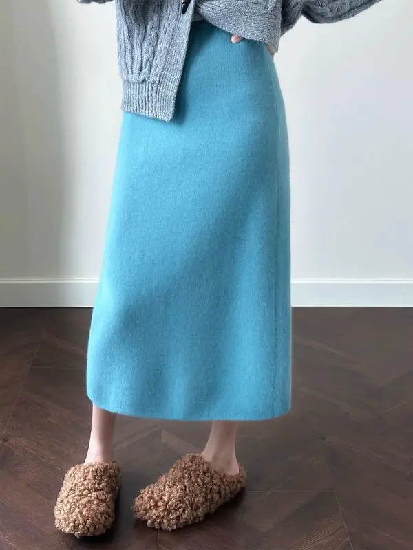 

Синяя вязаная юбка трапециевидной формы для женщин, осень и зима 2024, новая прямая юбка с завышенной талией и прямыми штанинами для маленьких людей