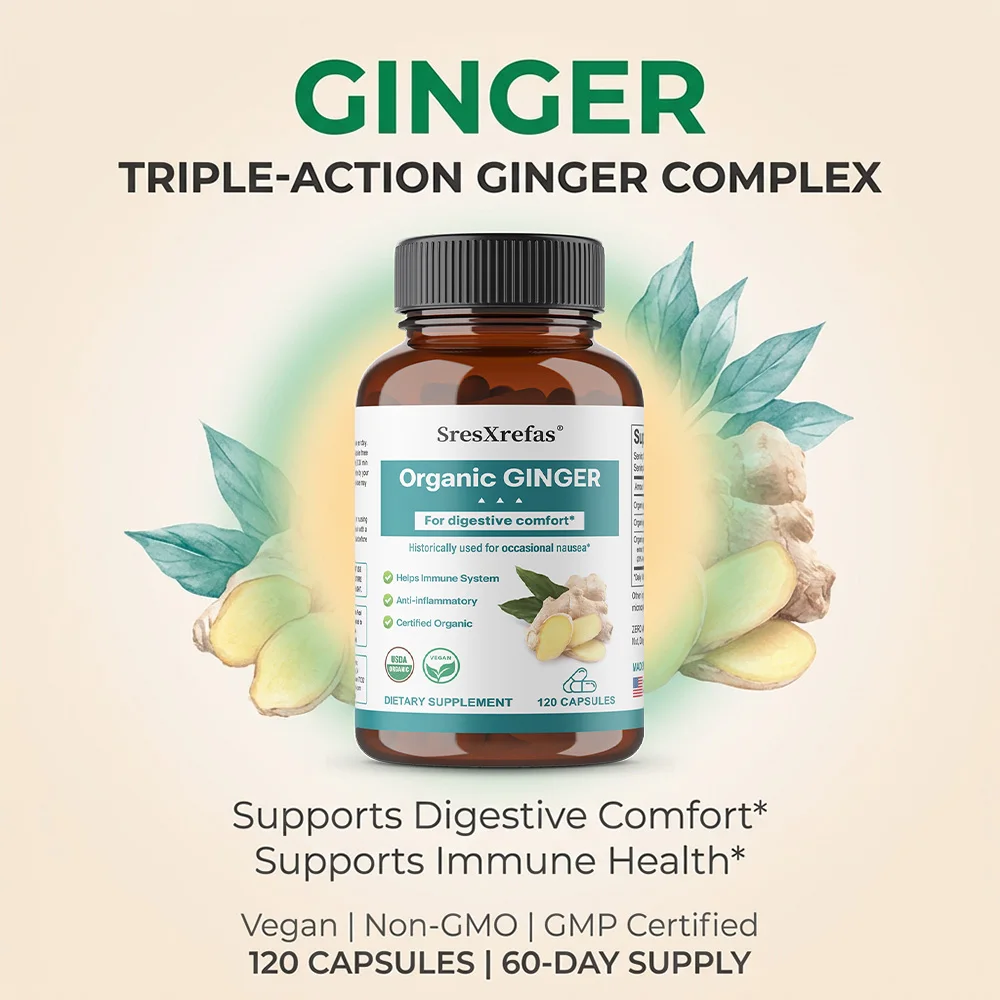 Organic Ginger Capsules, Natural Plant-Based Daily Digestive Balance and Body Wellness Wellness Supplement, Vegan, Non-GMO