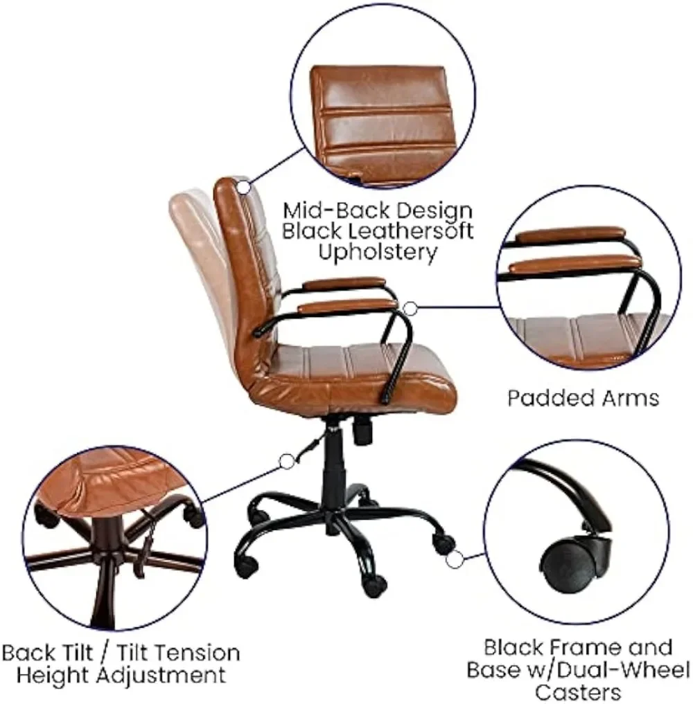 Mid-Back Desk Chair - Brown LeatherSoft Executive Swivel Office Chair with Black Frame - Swivel Arm Chair