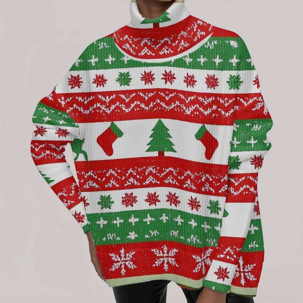 

Vintage Ugly Christmas Turtleneck Sweater Red Green Snowflake Reindeer Elk Pattern Cozy Holiday Party Wear for Men & Women