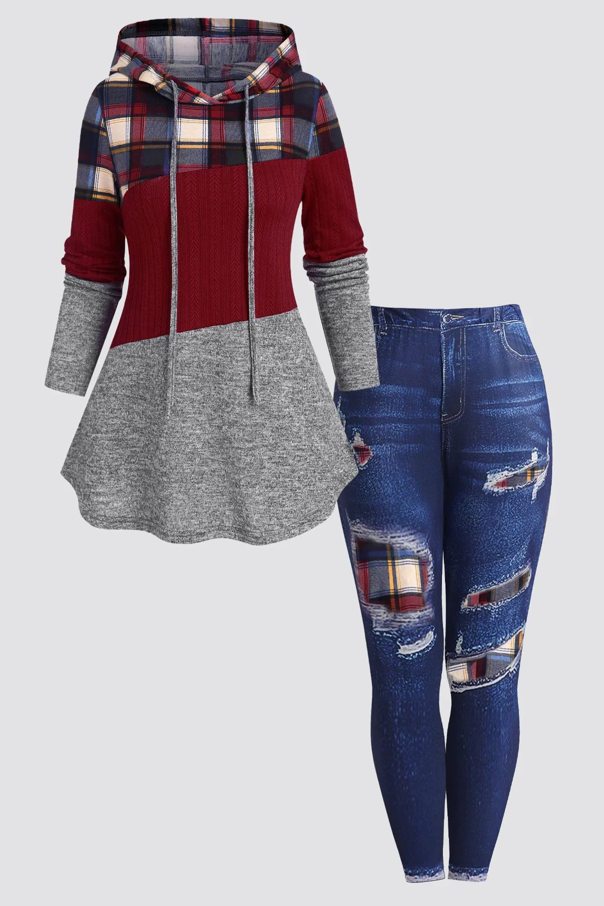 

Plus Size Womens Suit Hooded Sweatshirts Colorblock Plaid Print Hoodie Drawstring Textured Tops Imitation Denim Pants Set 2025