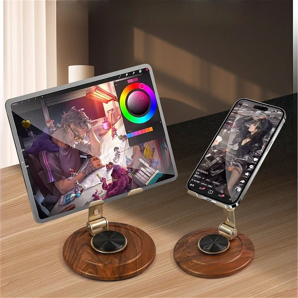 

2026 New Metal Panel Wood Base 360° Rotating Foldable Phone Tablet Stand Universal Lazy Desk Holder for iPhone iPad