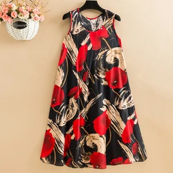 2023 Women Summer Beach Dress Elegant O-Neck All-Match Sleeveless Dress Women Casual Loose A-LINE Mid-Calf Print Dresses