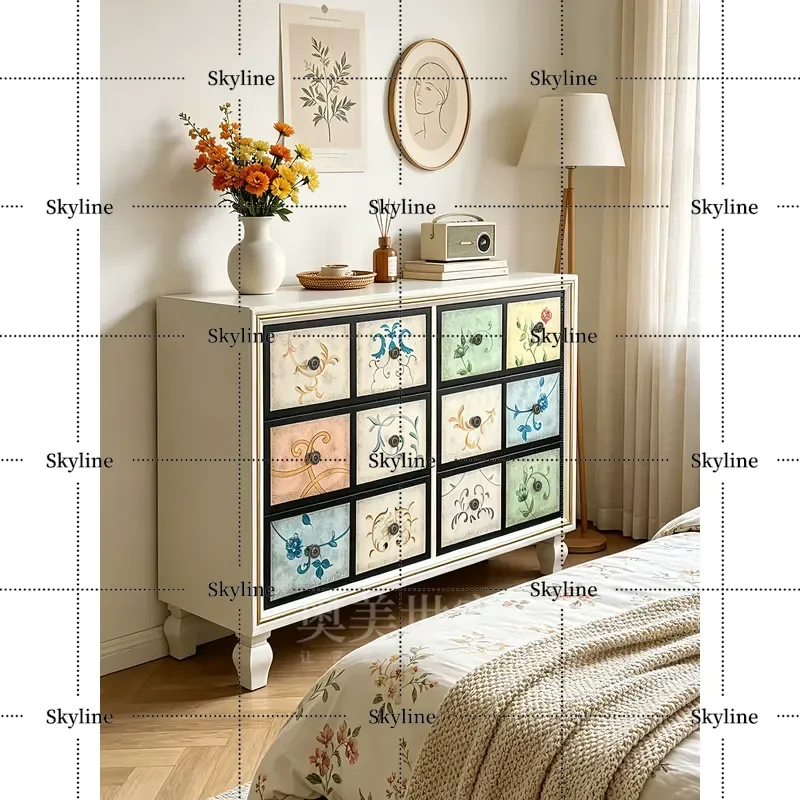 for American Country Style Six Drawer Solid Wood Cabinet Painted Decorative Storage Locker Living Room Wall Mounted Furniture