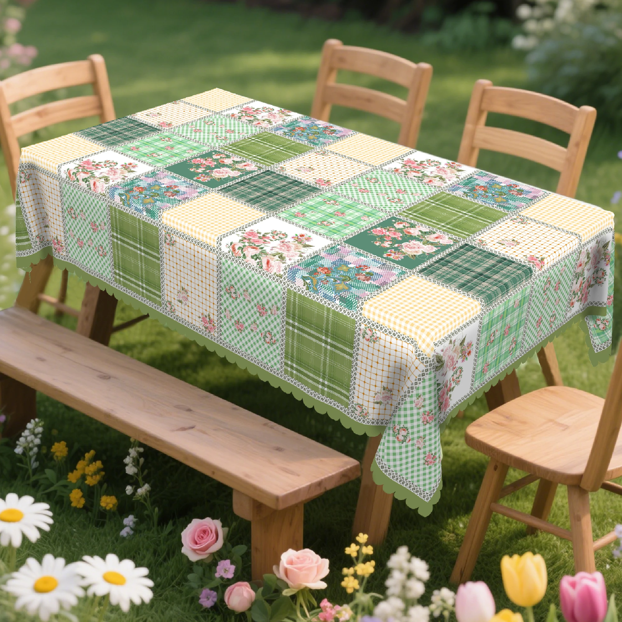 1 Piece Floral Plaid Patchwork Printed Tablecloth, with Rose Patterns on Dark and Light Green Plaid, European Country-Style Fresh Style Round and Rectangular Tablecloths, Available in Various Sizes, Suitable for Indoor and Outdoor Table Decoration, Kitchen Decor, Picnic, Camping, Autumn Parties, Easter, Thanksgiving, Christmas, Holiday Banquet Decorations, Durable Polyester, with Embossed Edges