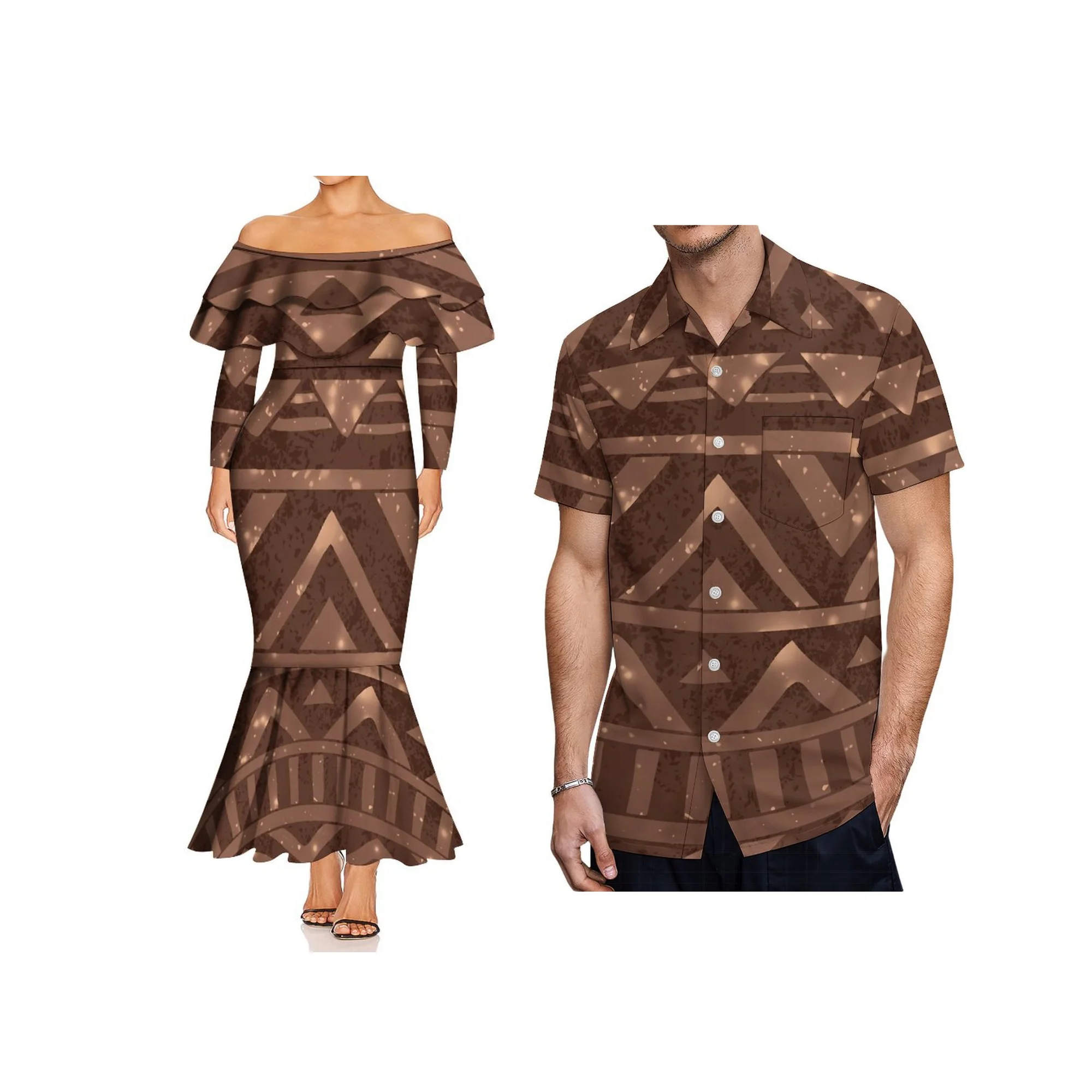 Print on Demand Fishtail-jurk met dubbele ruches en lange mouwen Hawaii-stijl ontwerp Dame off-shoulder zeemeermin galajurk Bodycon-jurk