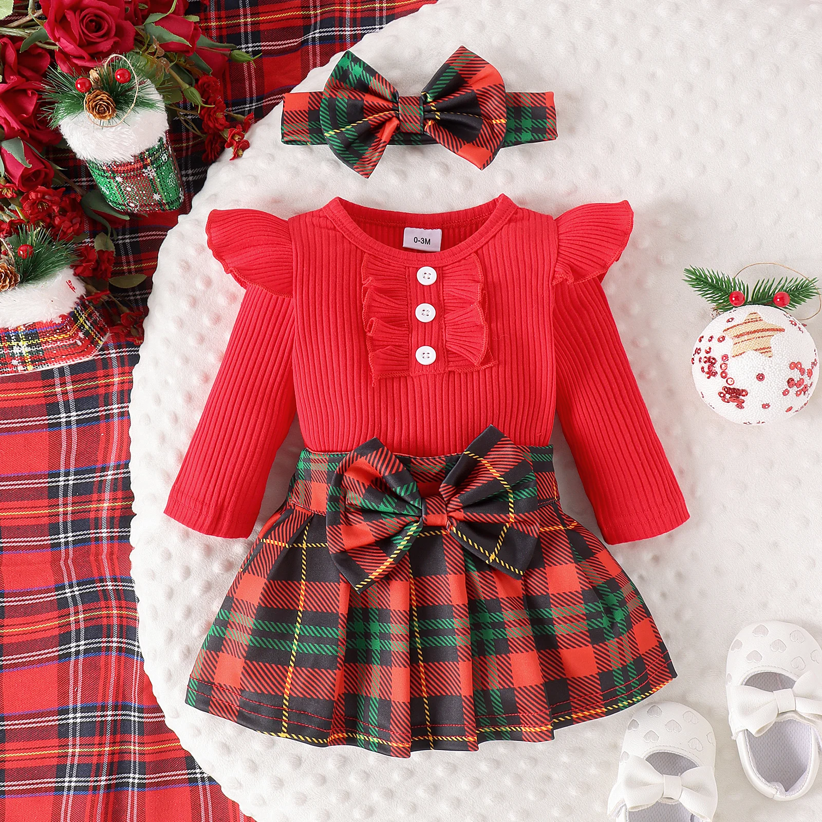 3PCS Autumn New Style 0-1 Year Old Girl Baby Fashion College Style Chunsen Long-Sleeved Suit + Plaid Skirt + Hair Band