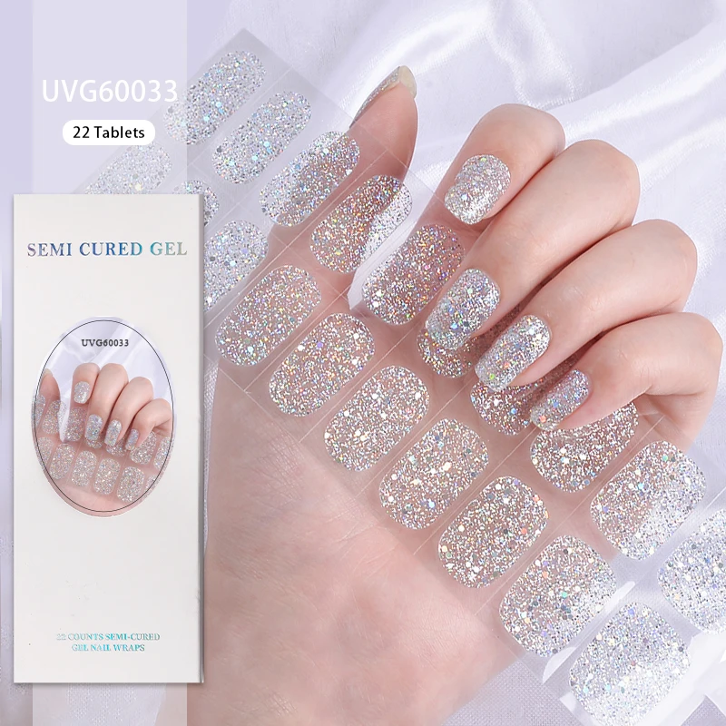 Autocollants pour ongles en gel semi-durci UV Starlight, fond blanc, étanche, semi-cuit, couverture complète, lampe UV requise, 22 pointes