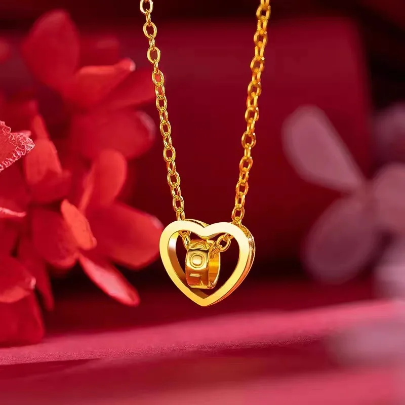 

High-quality gold 24K necklace smart peach heart pendant 999 set chain integrated chain womens temperament clavicle chain AU750