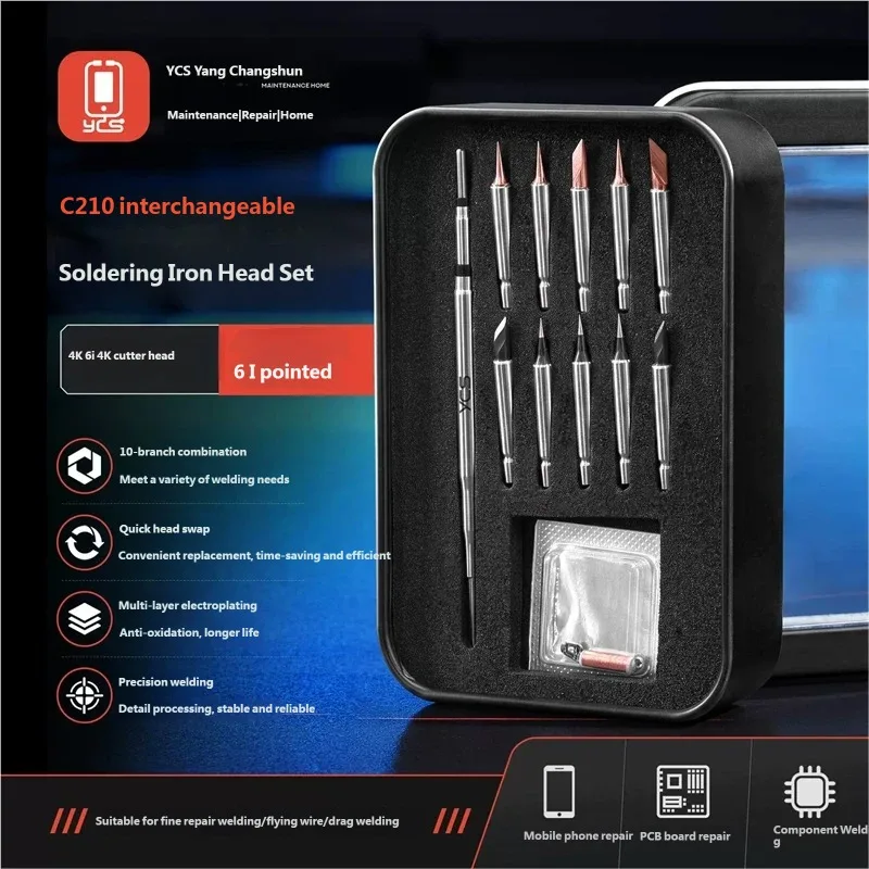 YCS C210 Soldering Iron Tips Kit Plug-in K/I Welding Heads with Heating Core for Phone Motherboard Micro Circuit Repair Tools