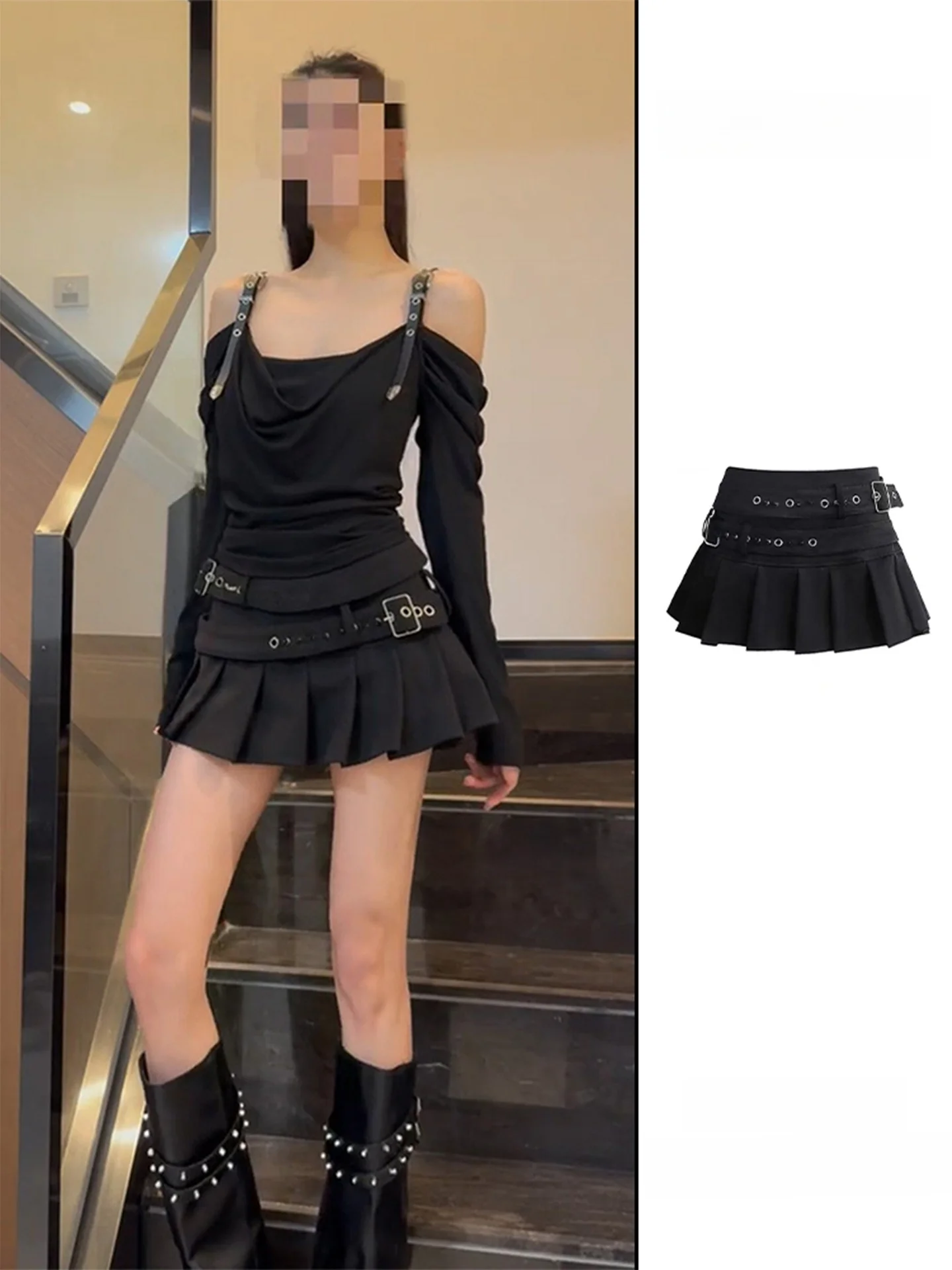 Low Waist A-Line  Skirt with Rivets High Waist Slimming Spring Autumn Pure Desire Women's Fashion Commute Style Skirt