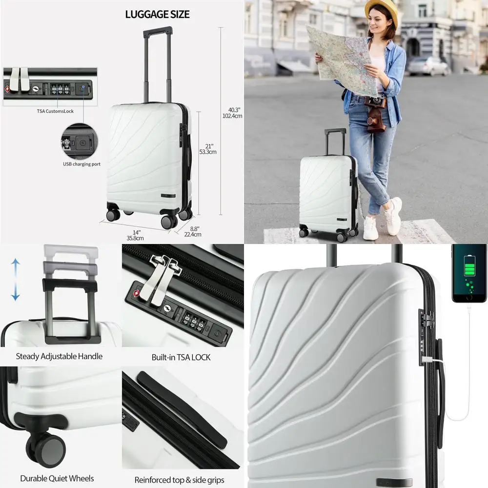 

20-дюймовый белый расширяемый чемодан-спиннер с твердым корпусом и замком TSA, одобренный авиакомпанией ручной клади