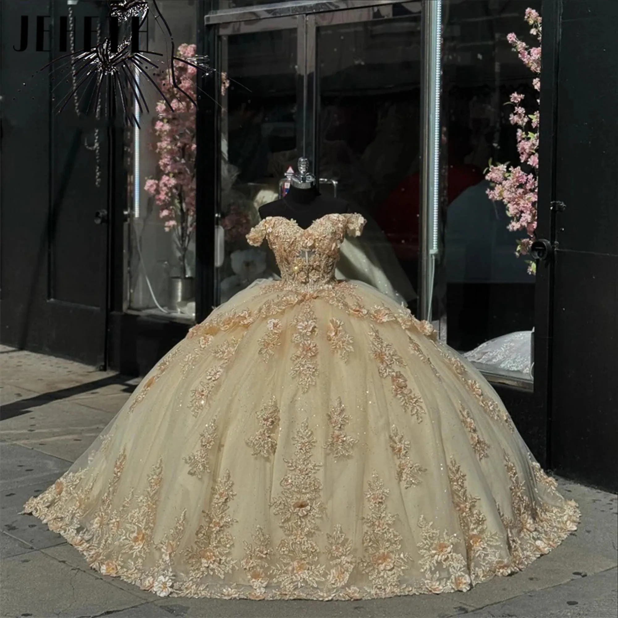 JEHETH Champagne Off Shoulder Quinceanera Dresses For Girls Appliques Ball Gown 3D Flowers Sweet 16  Party Gowns Customized