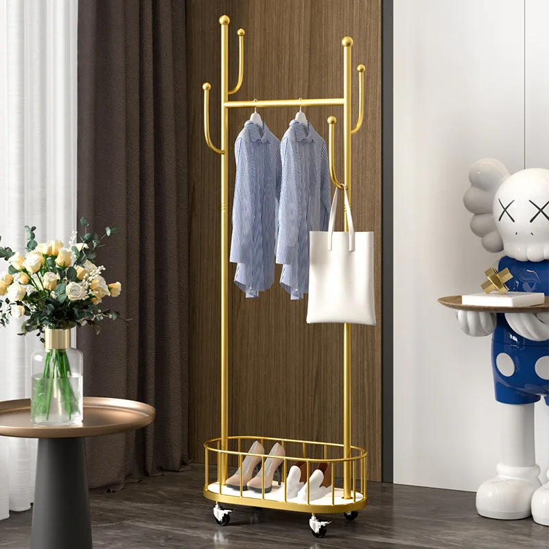 Floor-to-ceiling bedroom hanger metal mobile belt wheel household living room coat rack light luxury iron hanger