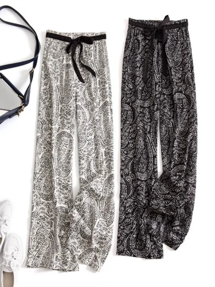 

High Waist Draped Silk Wide Leg Pants Women Summer Casual Pants Ice Silk Outdoor Wear Floor Length Pants Water-Media Chiffon