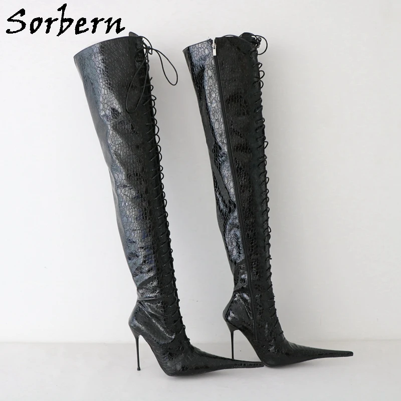 Sorbern Sexy 12Cm stivali con tacco sottile in metallo cavallo coscia alta con lacci punta a punta lunga Fetish tacchi a spillo stile invernale