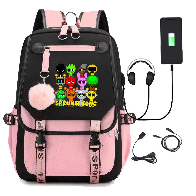 Sprunki Rhythm Box Usb Charging School Bags Girls Boys Laptop BackPack Women Men Travel Cartoon Schoolbag Leisure Backpack