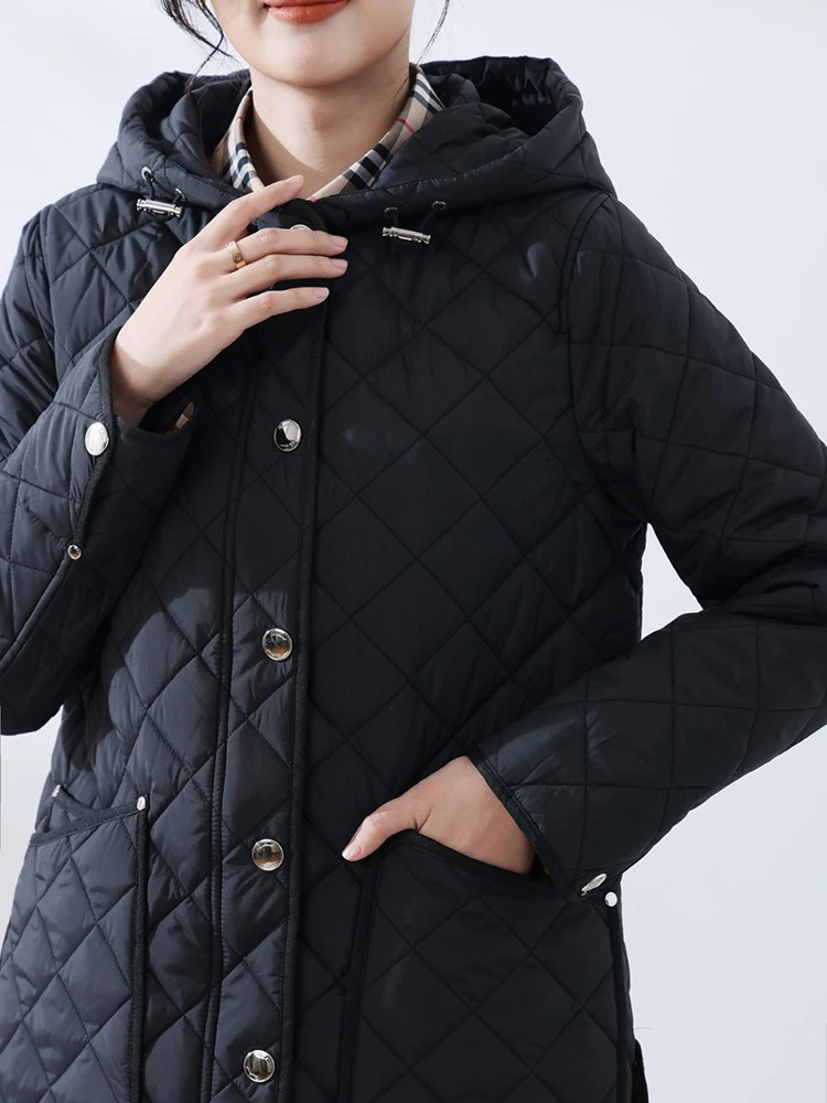 Autumn Winter Fashionable Warm Hooded British Style Pure Color Women's Mid-Length Knee-Over Cotton Jacket Coat BAOTEBERRY