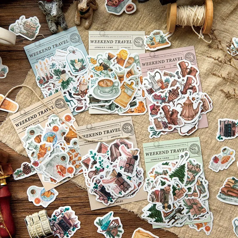 40 Pcs autumnal Scenery Stickers set Christmas Trees coffee bread sticker For Holiday Decoration Journaling DIY Scrapbooking