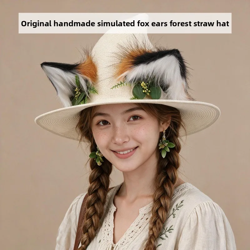 Handmade Mori Straw Hat Simulation Fox Ears Animal Ears Green Leaf Flower Festival Photo Exhibition Wide-brimmed Hat Christmas