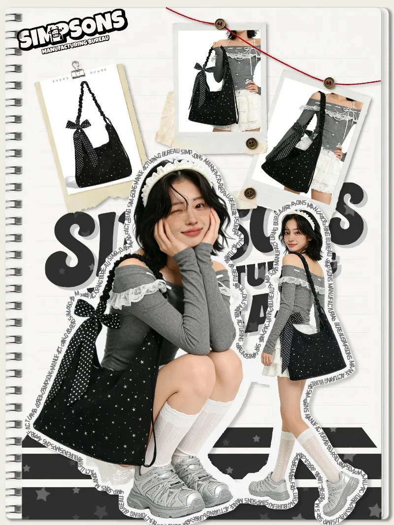 

Сумка-тоут из холщовой ткани в корейском стиле с черным принтом звезд, бантом в горошек, регулируемым ремнем, для женщин, для работы, учебы и путешествий