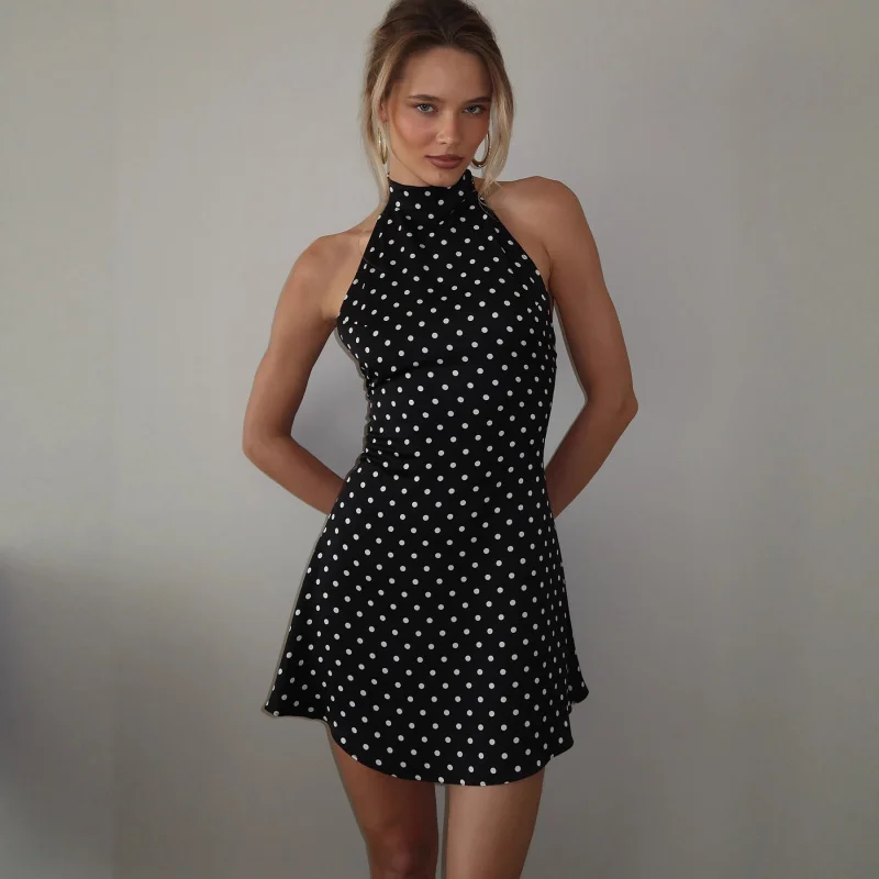 

Elegant Women's Clothing Printed Polka Dot Sleeveless Halter Neck Waist-Cinching Dress Sexy BacklessAShort Skirt