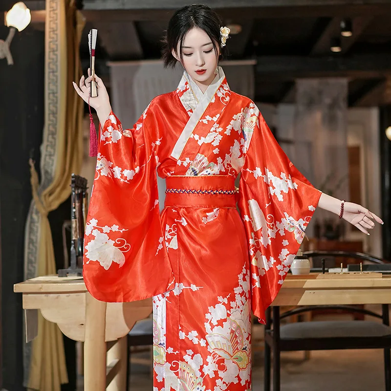 Japanese Traditional Yukata Kimono With Obi Vintage Women Evening Dress Geisha Kimono Vintage Women Stage Show Costume Cosplay