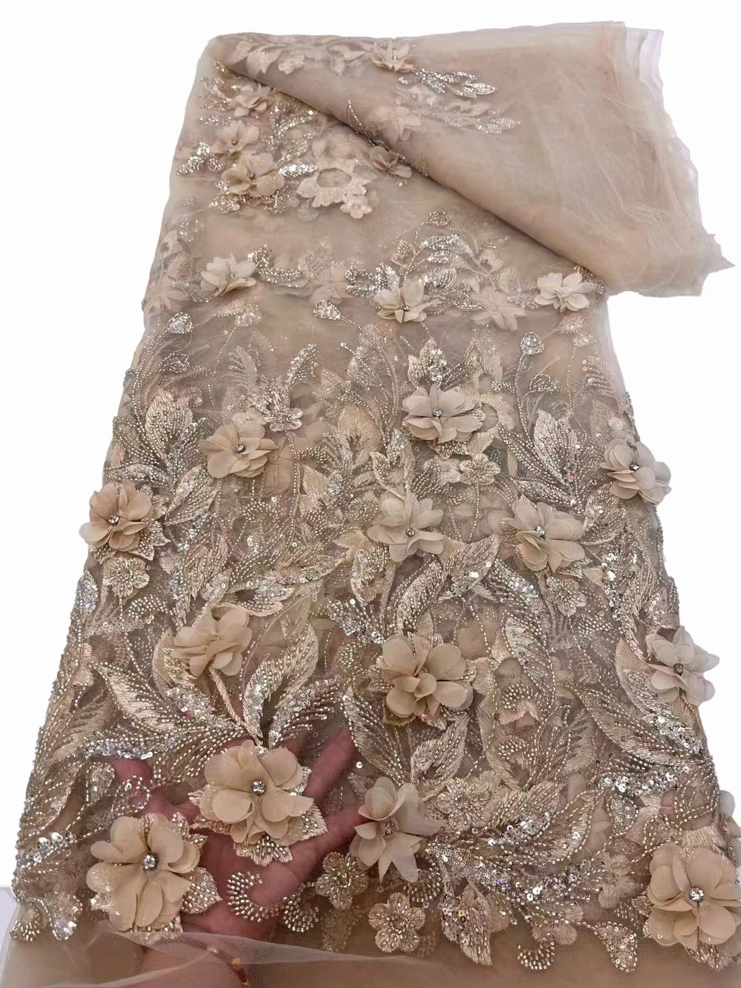 

Europe and the United States new mesh bead tube sequins staple 3D fabric, fashion wedding dress stage performance clothing fabri