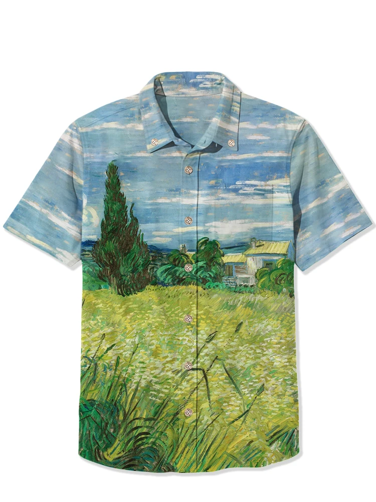 

Men's Hawaiian shirt blue sky wheat field cypress casual shirt button casual short sleeve Hawaiian shirt summer casual shirt