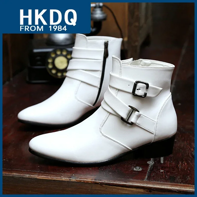 

HKDQ Модные белые ботинки на высоком каблуке для мужчин Модные мужские кожаные туфли с высоким берцем и острым носком Удобные мужские ботильоны на молнии