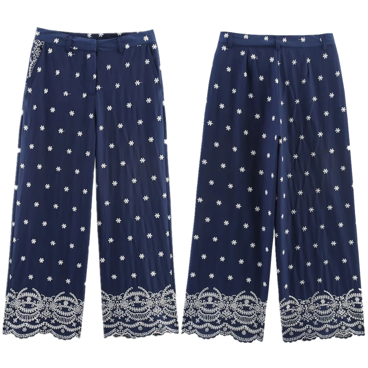 

Maxdutti French Bohemian Flower Embroidery Navy Blue Casual Cropped Pants Summer Ethnic Cotton Wide-leg Pants For Women